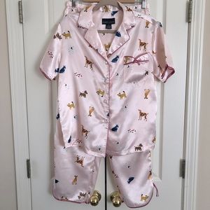 Robert Louis Pajama Set Doggie Pattern Pink Satin Cropped Pant Size Small EUC